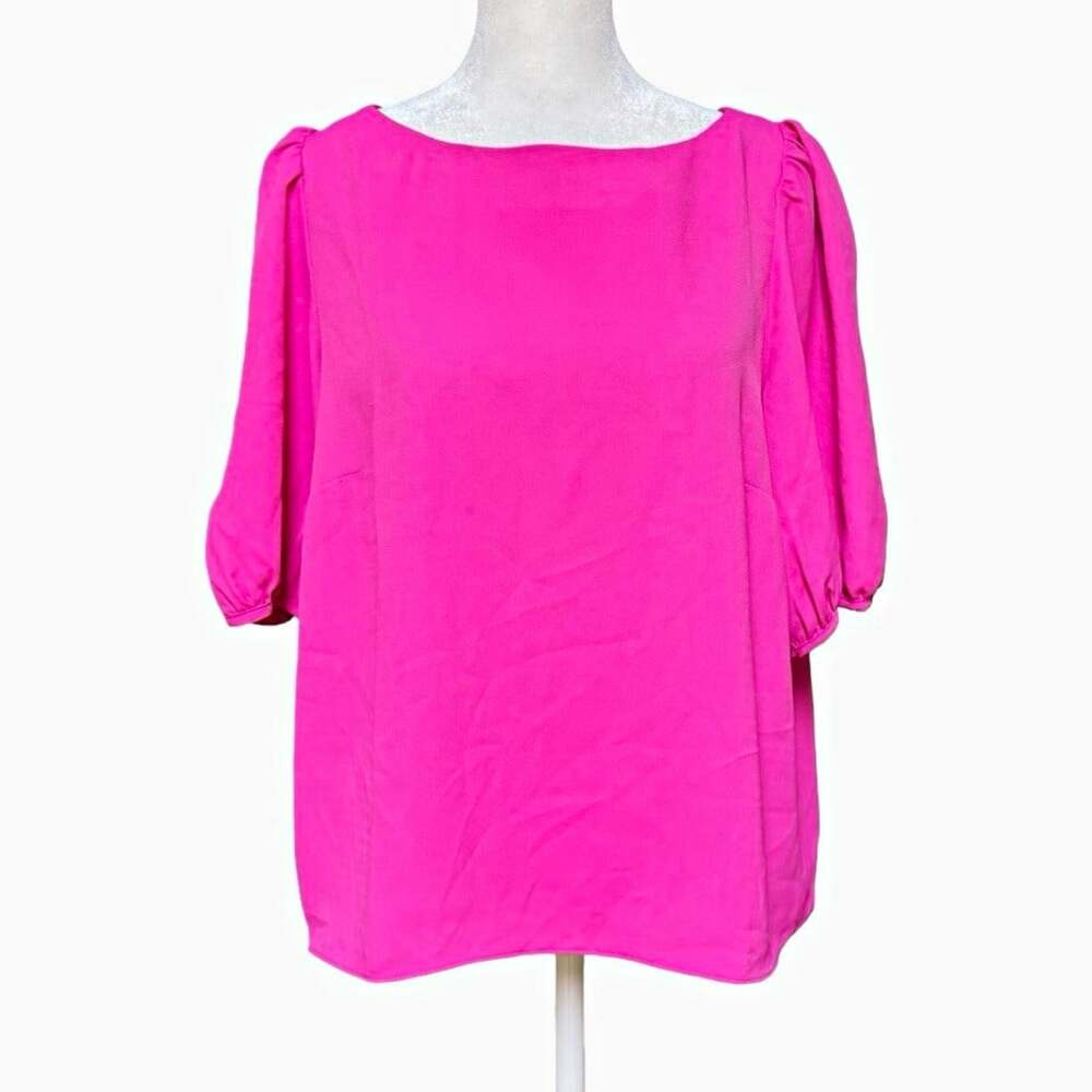 Ann Taylor Pink Solid Boat Neck Puff Short Sleeve Ruffle Blouse Petite LP